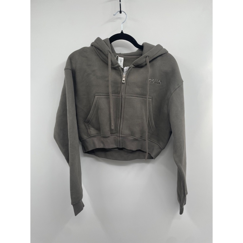 Matte Hoodie Womens XS Army Green Fleece Lined Drawstring Cropped Zip Up NWT